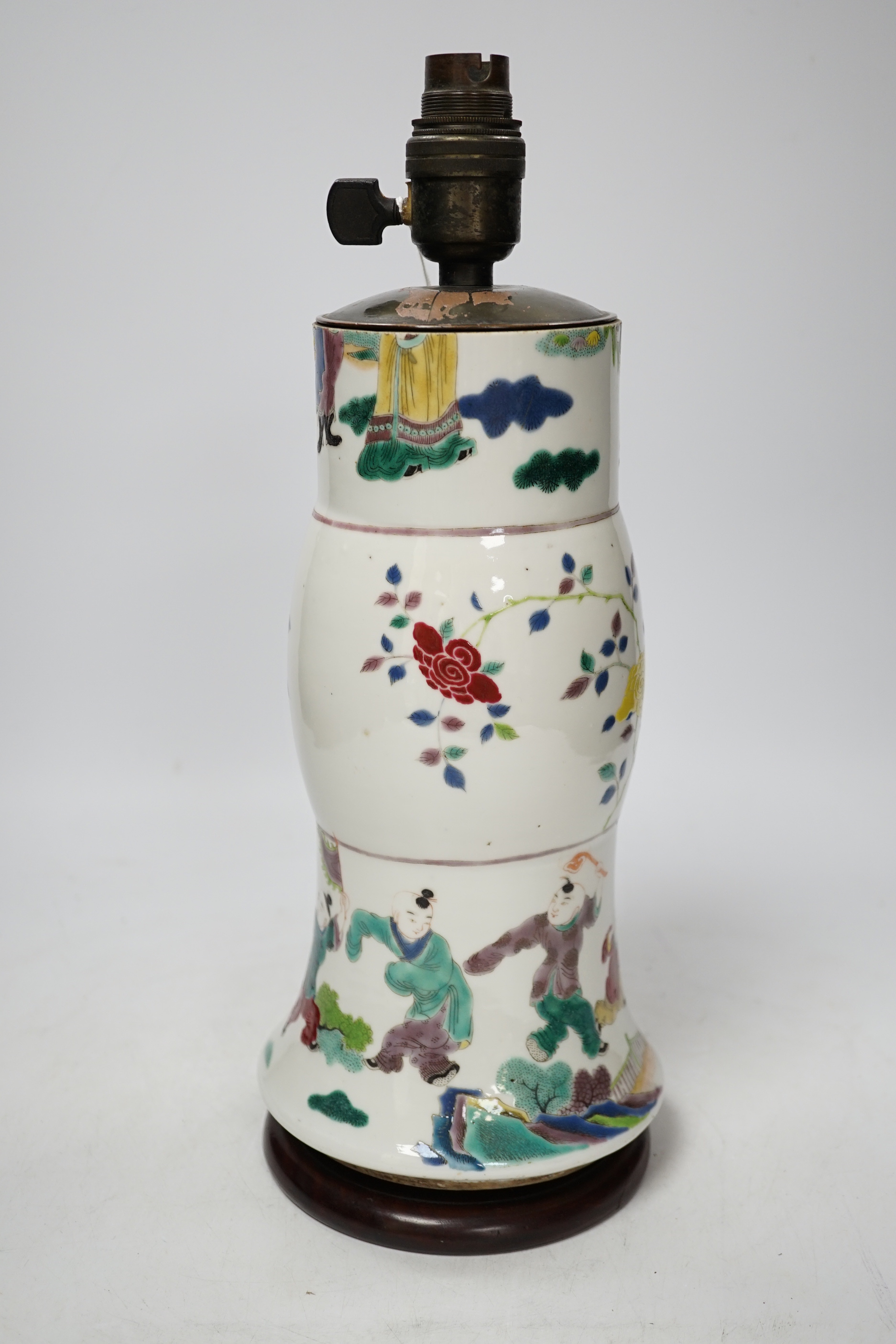 An early 19th century Chinese famille rose gu vase, converted to a lamp, reduced, apocryphal Kangxi mark, overall 35cm high